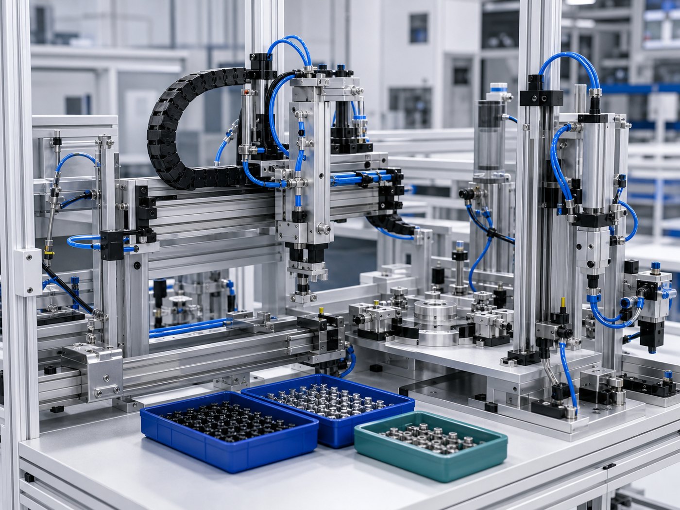 Automated assembly equipment using pneumatic cylinders and air tubing
