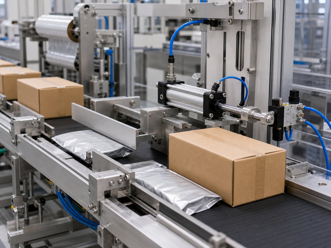 Packaging conveyor line with pneumatic actuators and air components