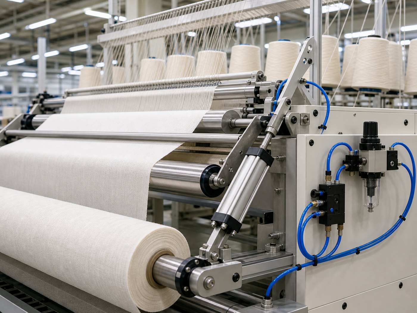 Textile machinery with fabric rollers, pneumatic cylinders, and air tubing